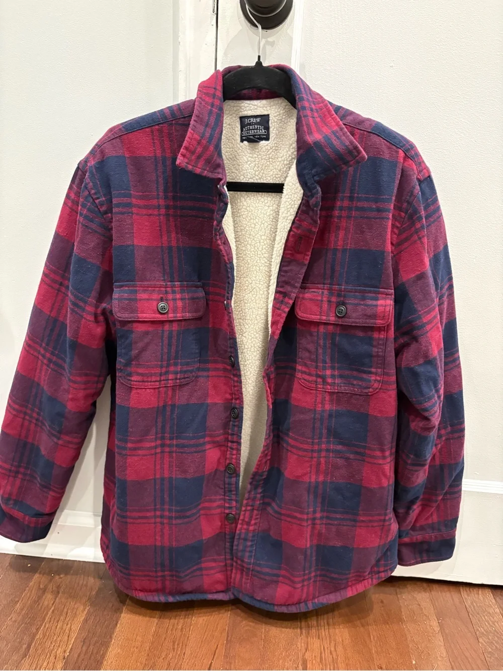J.Crew Men’s Sherpa Lined Flannel Shirt Jacket Plaid Red Navy Medium Shacket